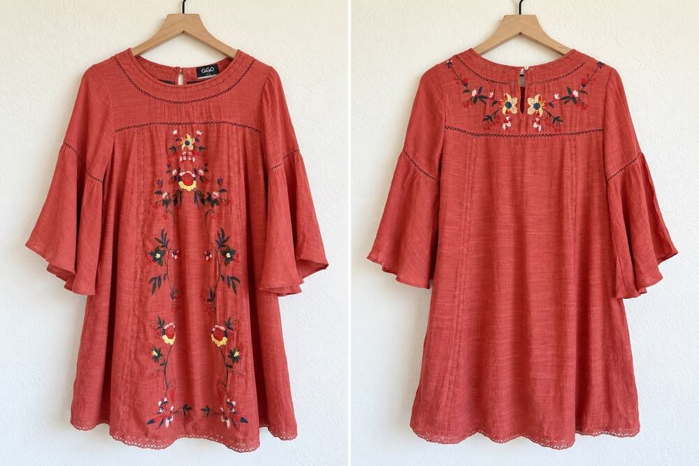 GIGIO USA Women’s S Embroidered Dress Rust Bell Sleeve Boho Floral Cottagecore